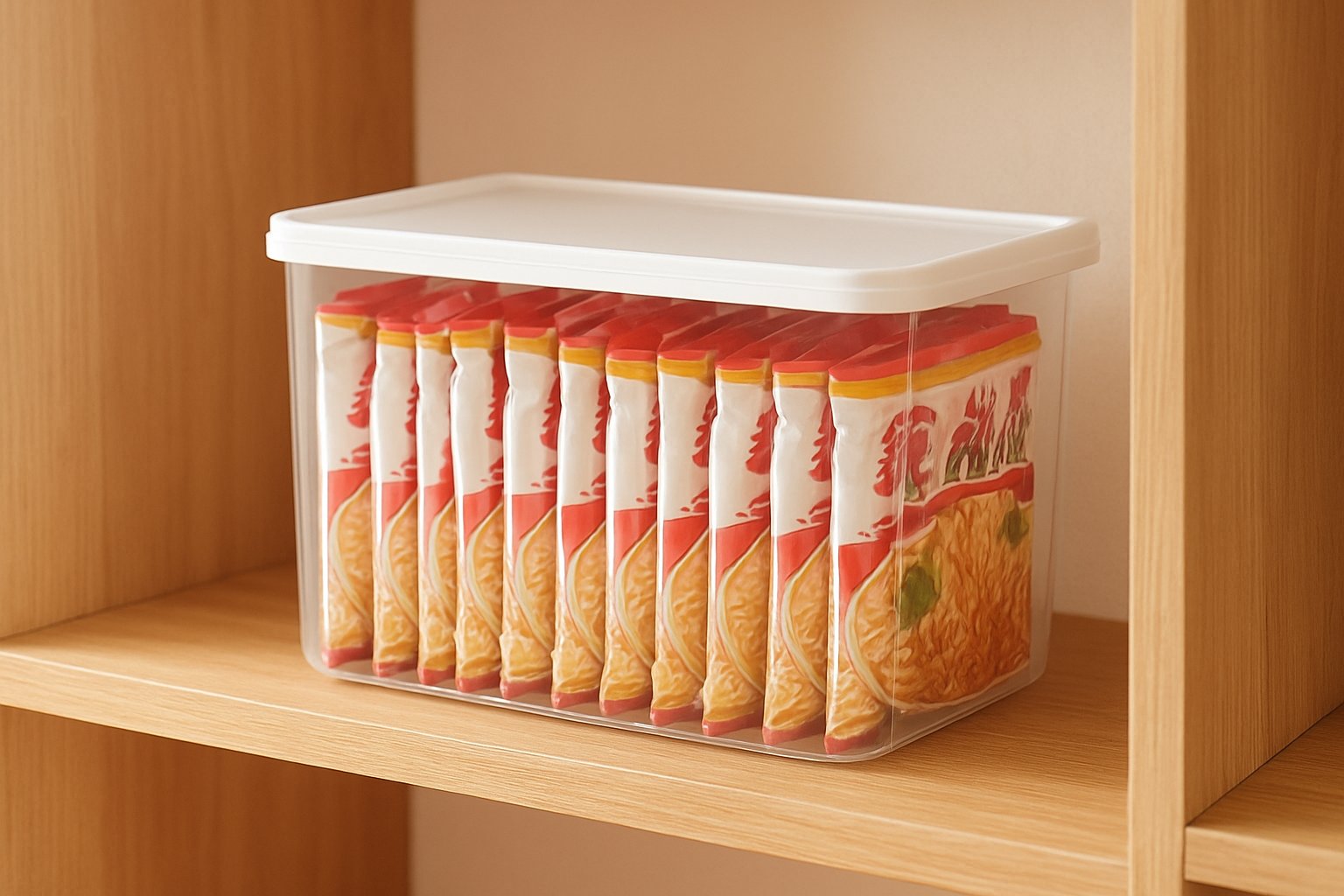 収納棚のふた付き保存容器に袋麺をまとめて立てて並べた様子。ナチュラルな木目の棚で明るい雰囲気