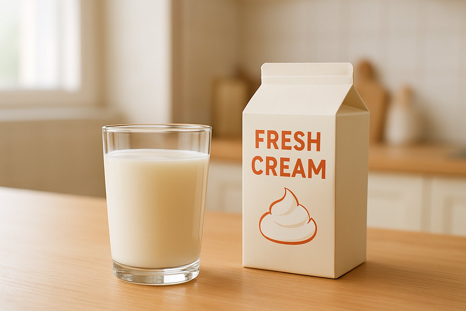 牛乳の入ったガラスコップと生クリームのパックを並べた構図。明るいキッチンの雰囲気