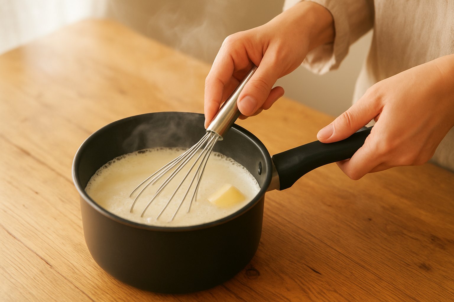 小鍋で牛乳とバターを泡立て器で混ぜている手元。湯気が立つ様子