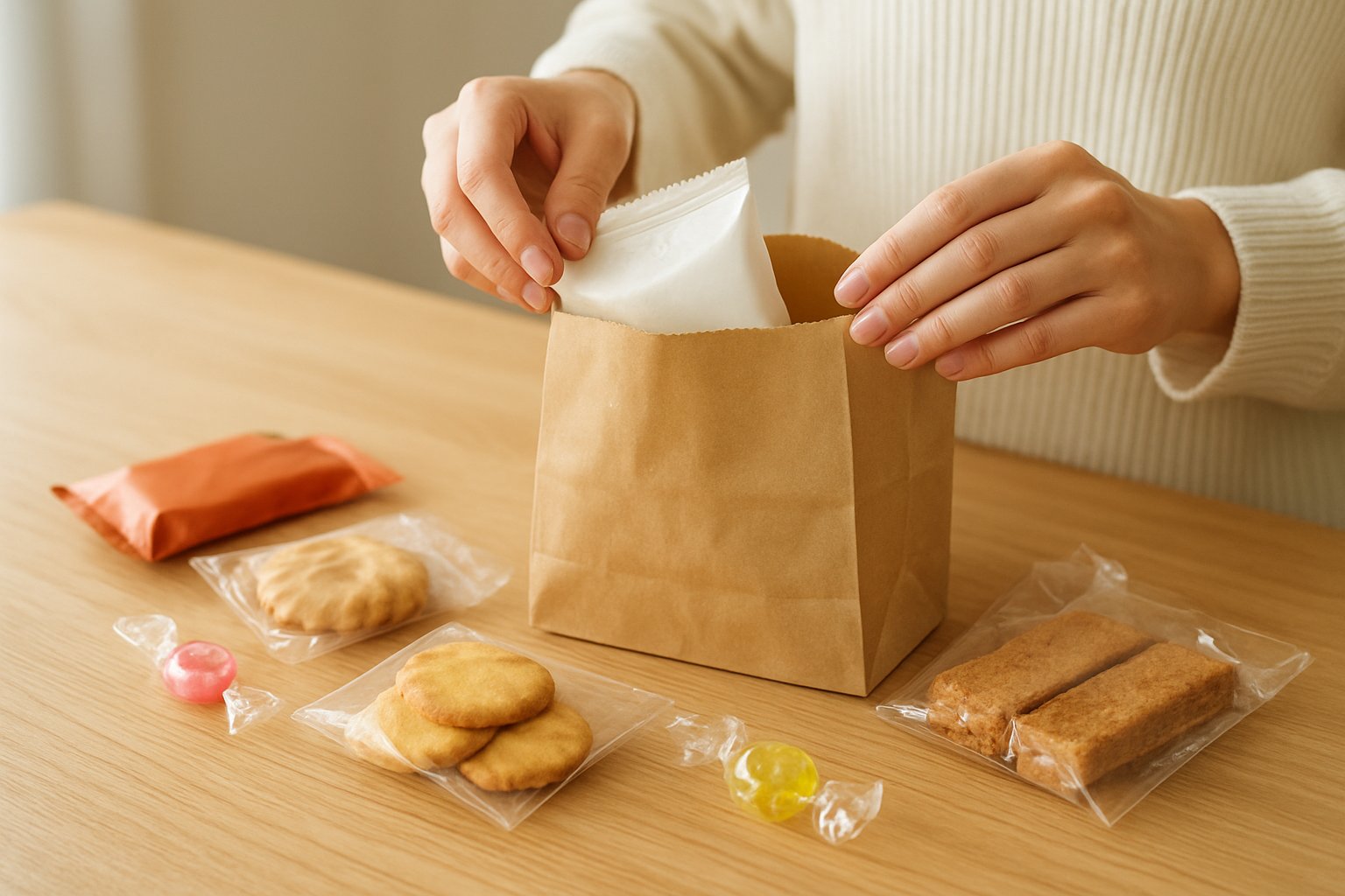 個包装のお菓子とキャンディを紙袋にまとめた差し入れの準備風景(明るめのライフスタイル写真風)