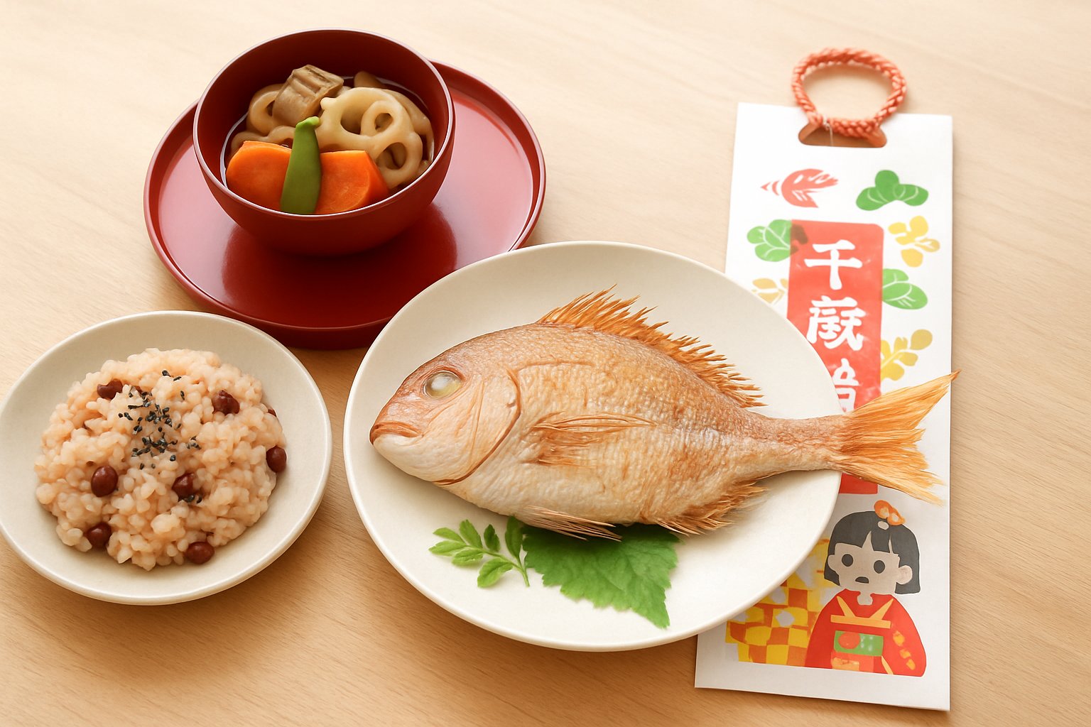 赤飯・尾頭付きの鯛・煮しめを並べた七五三の祝い膳と千歳飴の袋を明るく撮ったライフスタイル風の写真