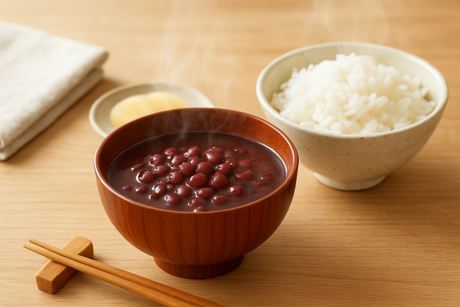 小豆を炊いたぜんざいの椀と、湯気の立つ新米のごはんを並べた初冬の食卓を明るく撮ったライフスタイル風の写真