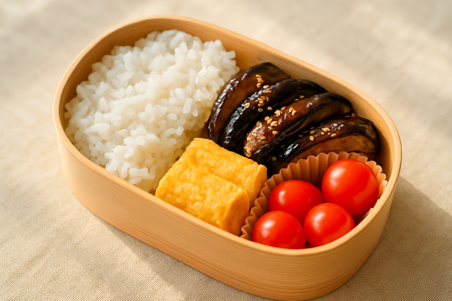 お弁当箱にご飯・なすの照り焼き・卵焼き・ミニトマトがカップで仕切られて詰められている、明るい自然光のライフスタイル写真
