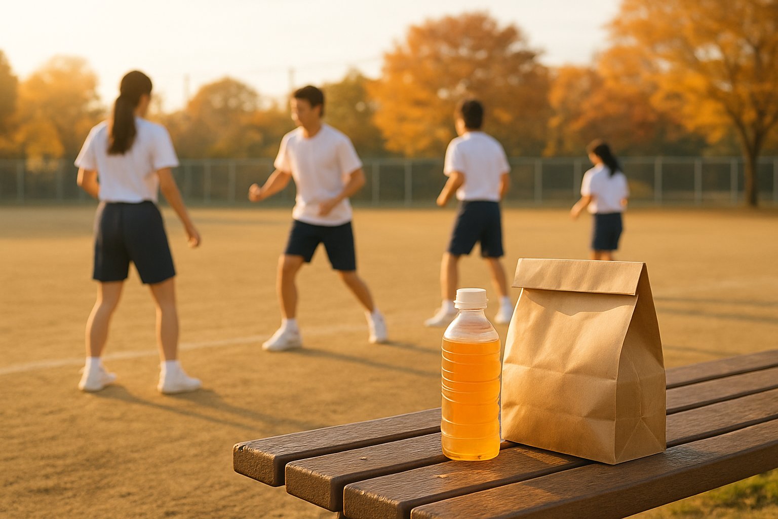秋の校庭で練習する高校生の背景に、ベンチに置かれた紙袋と飲み物。夕方の柔らかい光