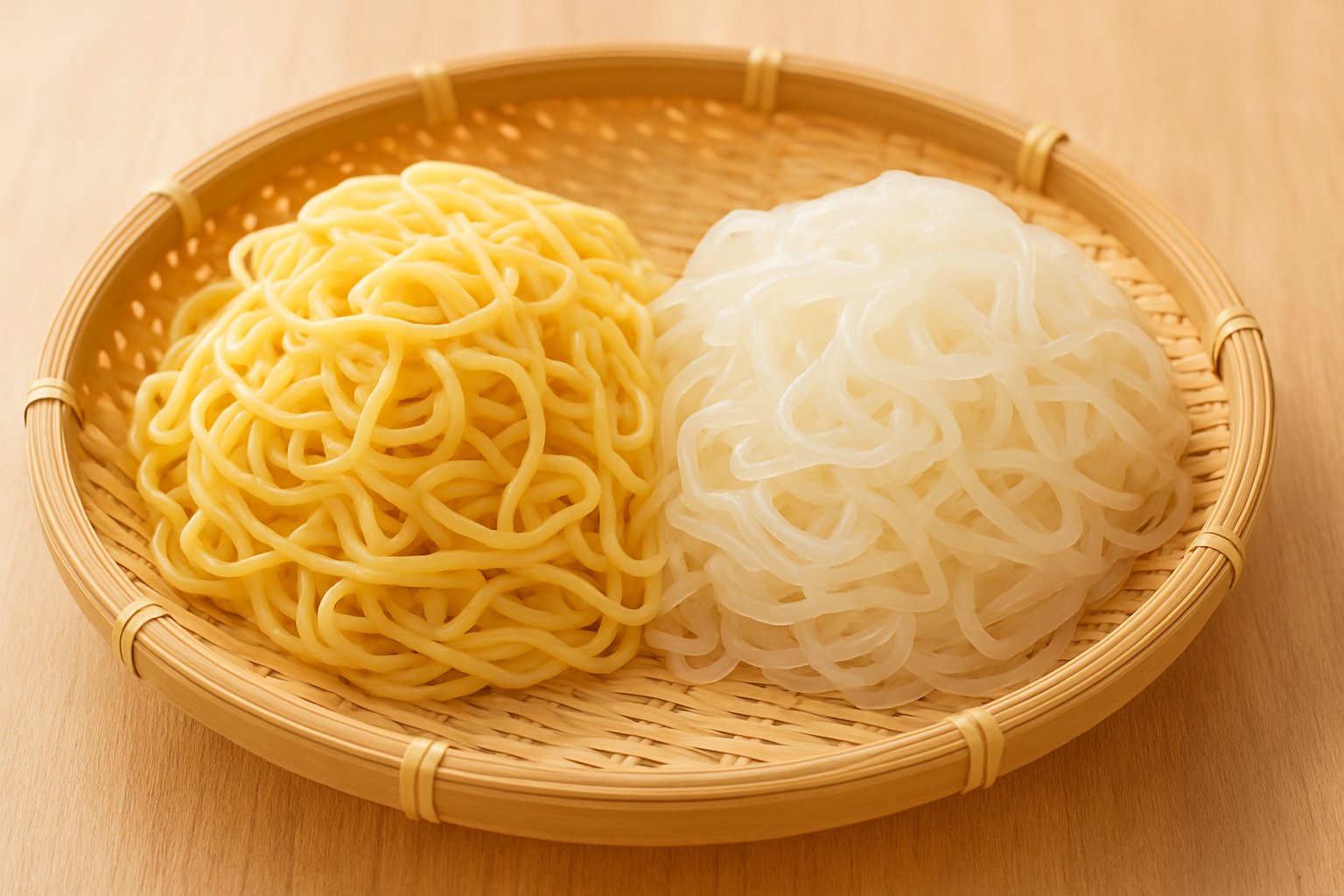 ざるに上げた中華麺と冷麺の麺を並べ、黄色い中華麺と半透明の冷麺の色の違いがわかる写真