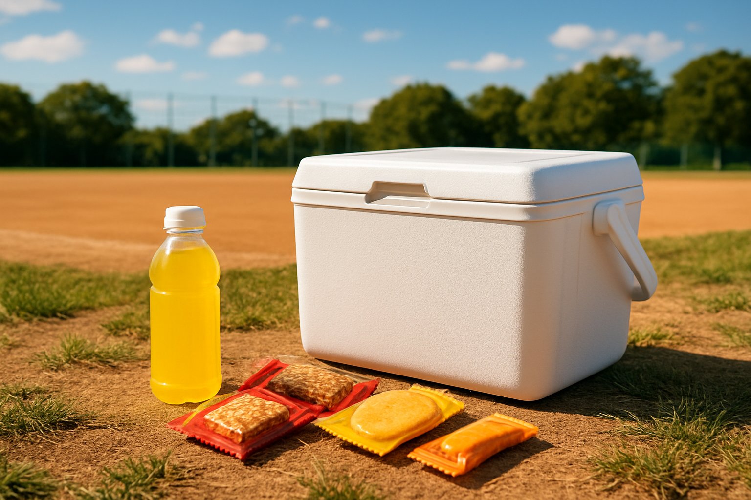 秋晴れのグラウンドの脇に置かれたクーラーボックスと個包装のお菓子・スポーツドリンク、明るい自然光のライフスタイル写真