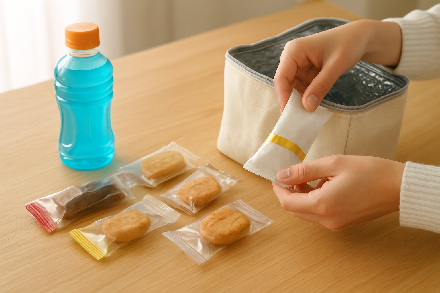 テーブルに並べた個包装のお菓子とスポーツドリンク、保冷バッグを準備している手元、明るく清潔感のあるライフスタイル写真