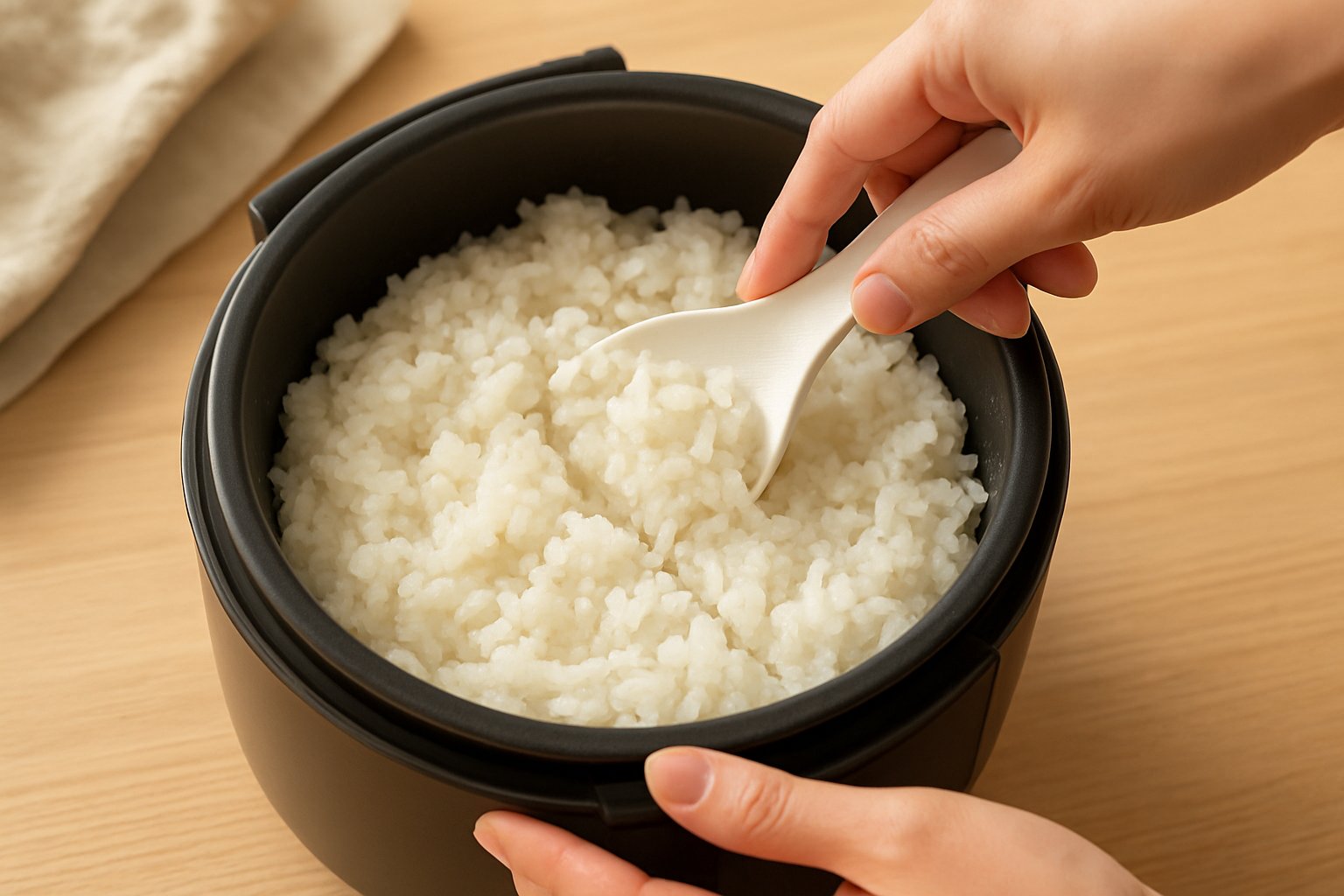 炊飯器の内釜のご飯をしゃもじで十字に切ってほぐしている手元(明るめのライフスタイル写真風)