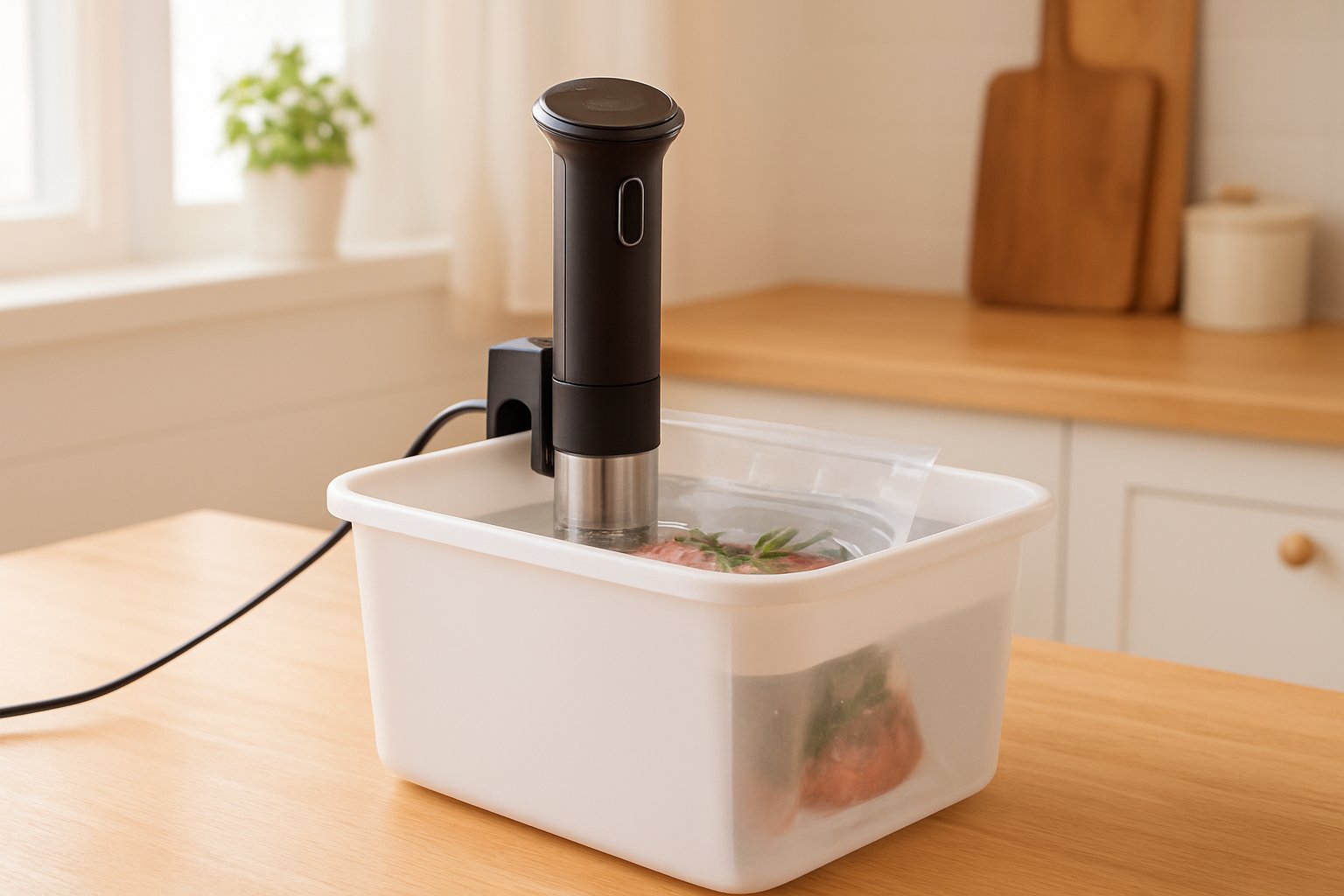 キッチンカウンターに置いたPP製コンテナに低温調理器を取り付け、食材入りの袋を沈めている明るい写真