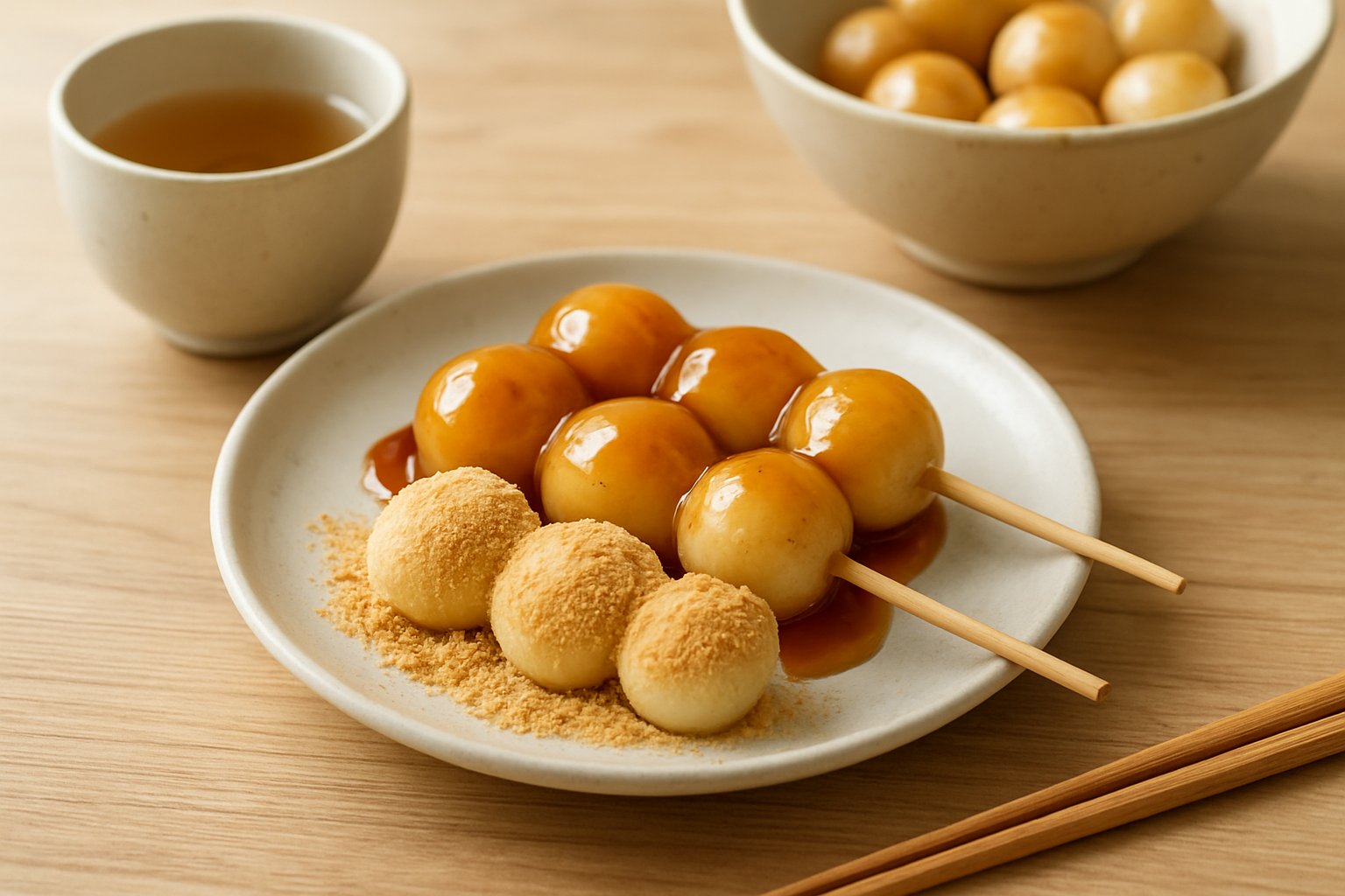 みたらしあんをかけた団子ときな粉をまぶした団子を小皿に盛り付けた食卓(明るめのライフスタイル写真風)