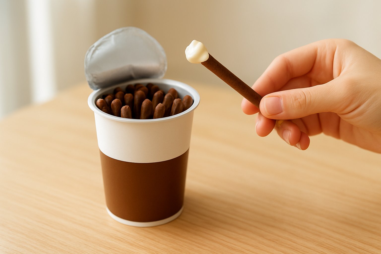 明るいテーブルの上で、ふたを開けたチョコスティック菓子のカップと、クリームをつけたスティックを持つ手元の写真