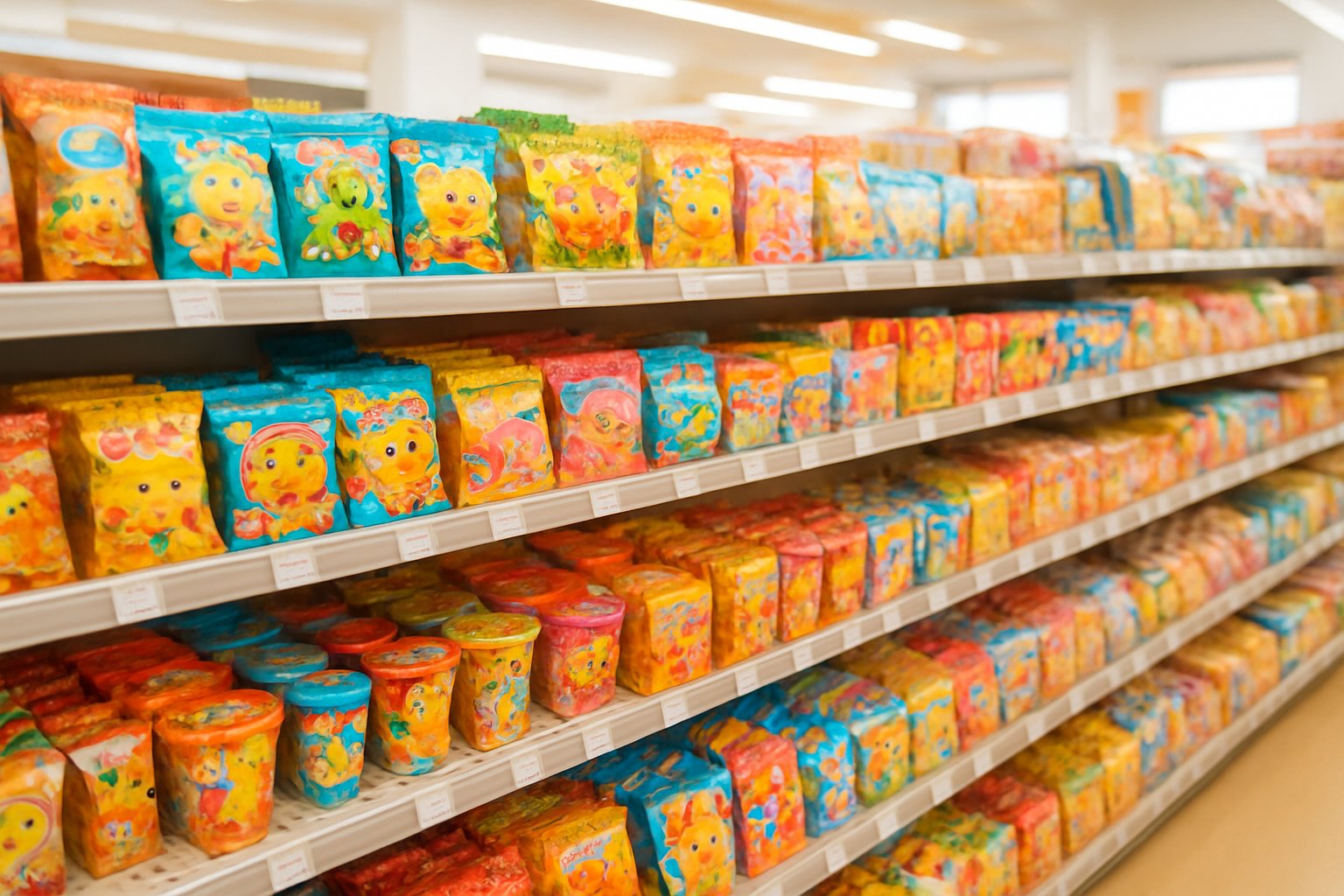 スーパーのお菓子売り場で、カラフルな子ども向けのお菓子が並ぶ棚を明るく写した写真