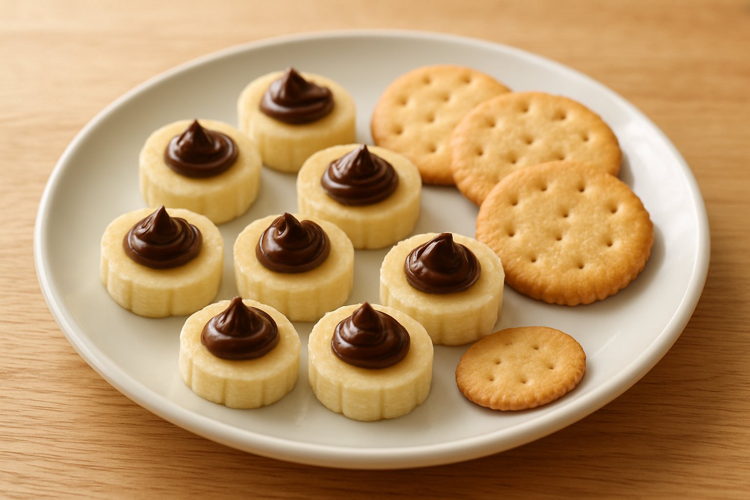お皿の上に、チョコクリームをつけた小さなバナナの輪切りとクラッカーを並べたおやつの写真