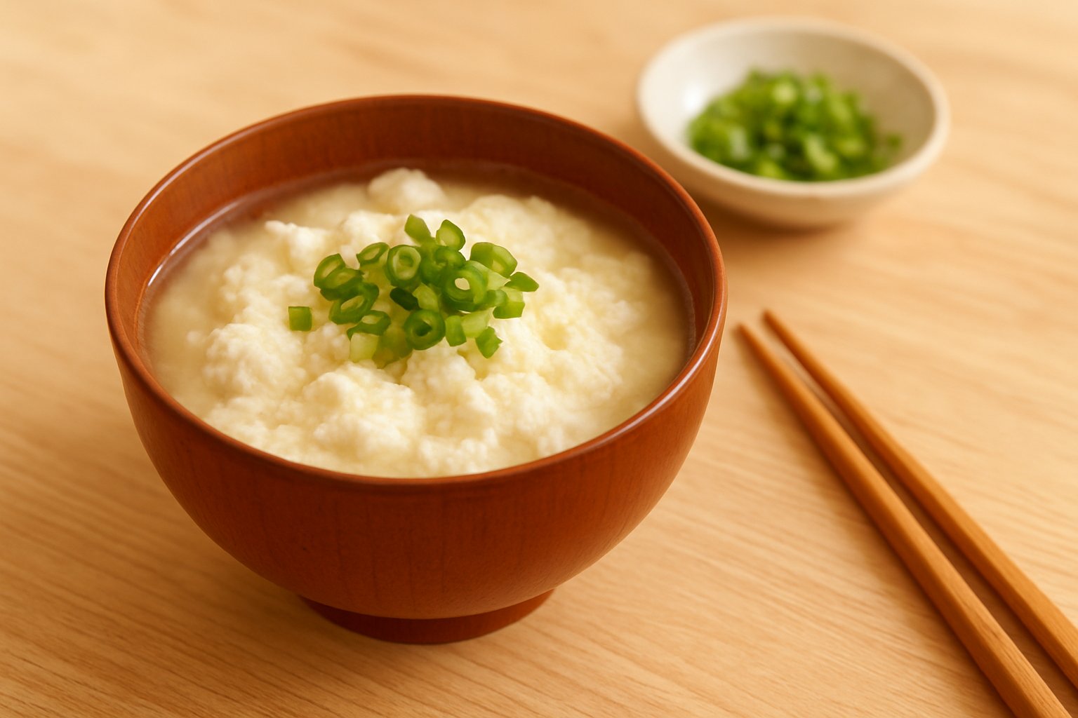 お椀に盛られた汁ごとのふわふわのゆし豆腐に、刻みねぎがのった明るい食卓の写真