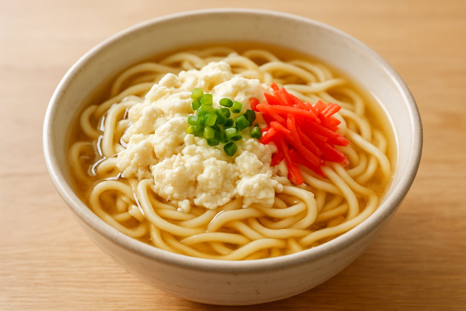 どんぶりに入った沖縄そばの上に、白いふわふわのゆし豆腐と紅しょうが、ねぎがのった写真