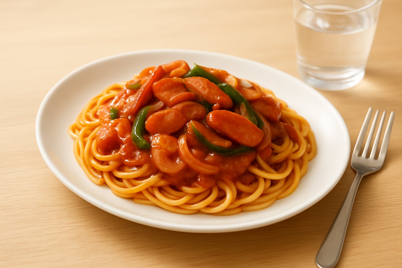 明るい木のテーブルの上の白い楕円の皿に、太めのスパゲッティと、たっぷりかかった赤茶色のとろみのあるソース、その上に炒めたウインナー・玉ねぎ・ピーマンがのっている様子を斜め上から。横にフォークと水の入ったグラス
