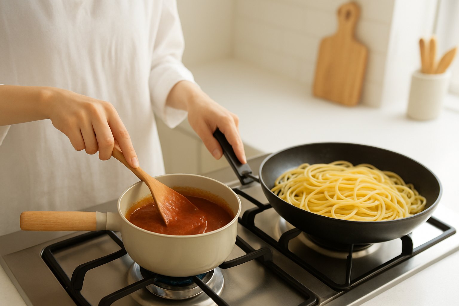 明るいキッチンのコンロの上で、小鍋の中の赤茶色のとろみのあるソースを木べらで混ぜている様子と、隣のフライパンで太めのスパゲッティを炒めている様子