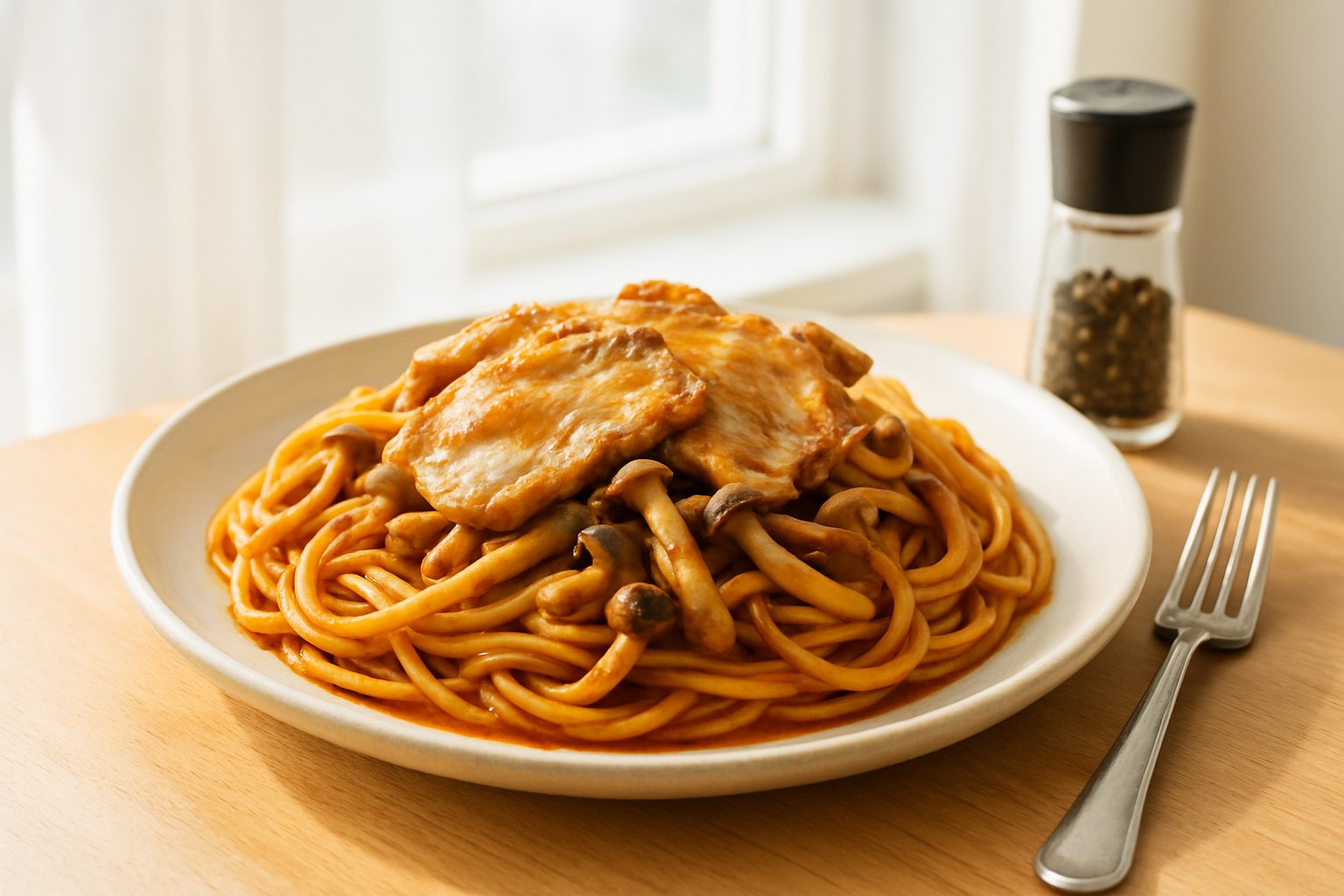 明るい窓辺のテーブルに、太めのスパゲッティにとろみのある赤茶色のソースをかけ、溶き卵をまとわせて焼いた豚肉と炒めたしめじをのせた一皿。横に粗びき黒こしょうのミルとフォーク