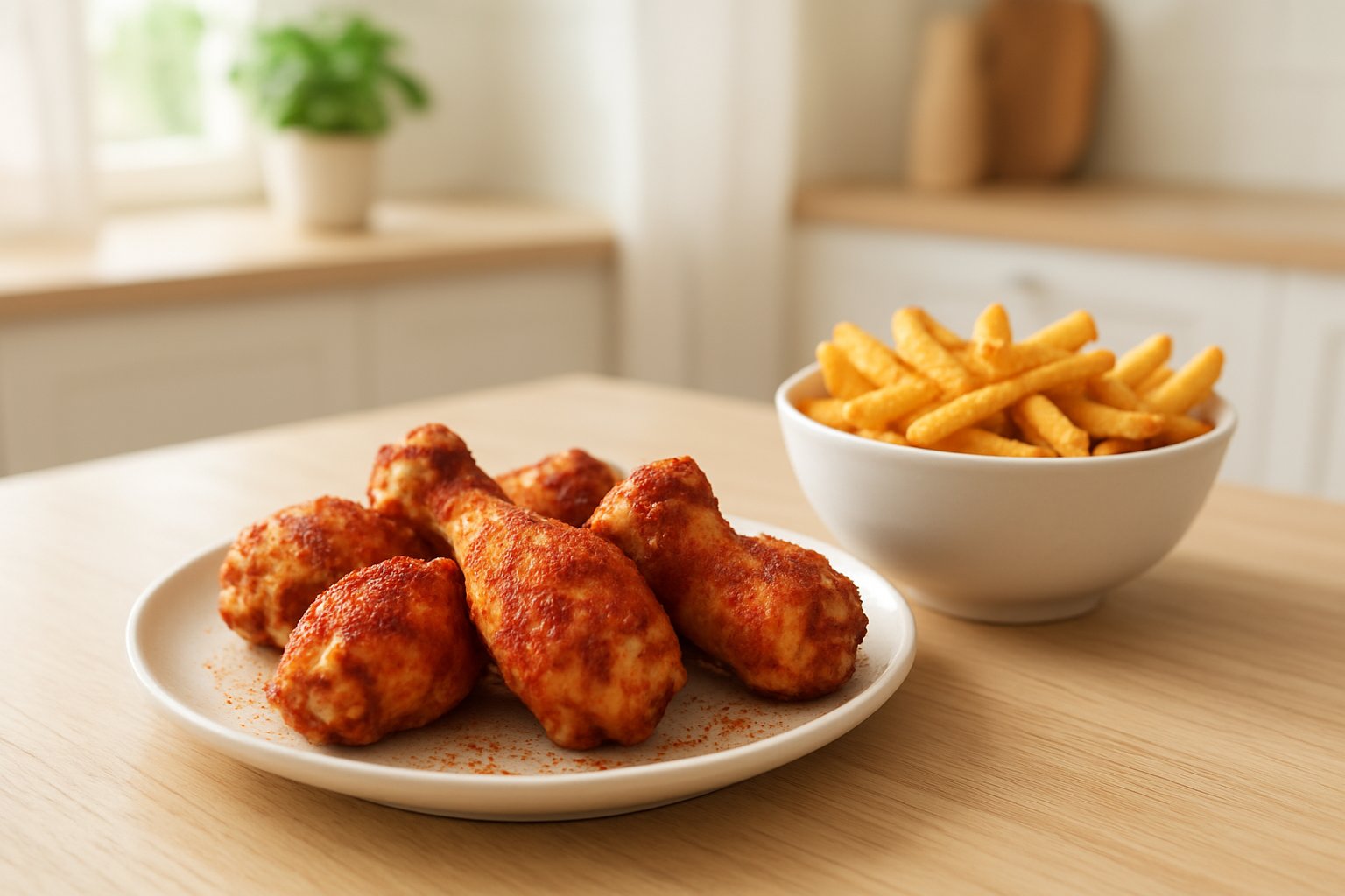 明るいキッチンのテーブルに、赤いスパイスをまぶしてこんがり焼いた鶏の手羽元を盛った白い皿と、スパイスを振ったフライドポテトのボウルが並んでいる様子