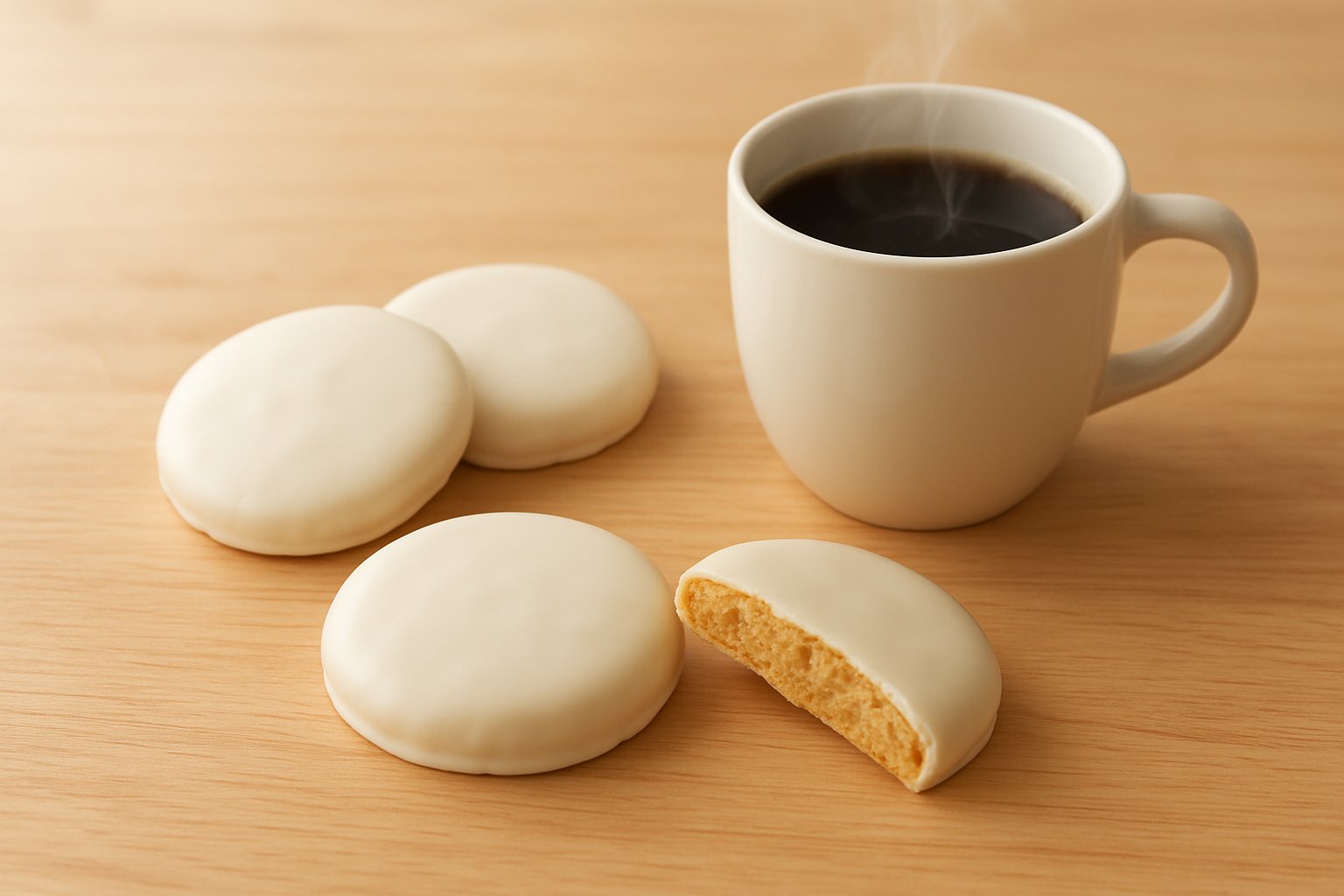 明るい木のテーブルの上に、白いチョコでコーティングされた丸いソフトクッキーが数枚と、湯気の立つコーヒーカップが置かれている様子。1枚は半分に割って、中のきつね色の生地が見える。包装やロゴ・文字は写さない(明るめのライフスタイル写真風)