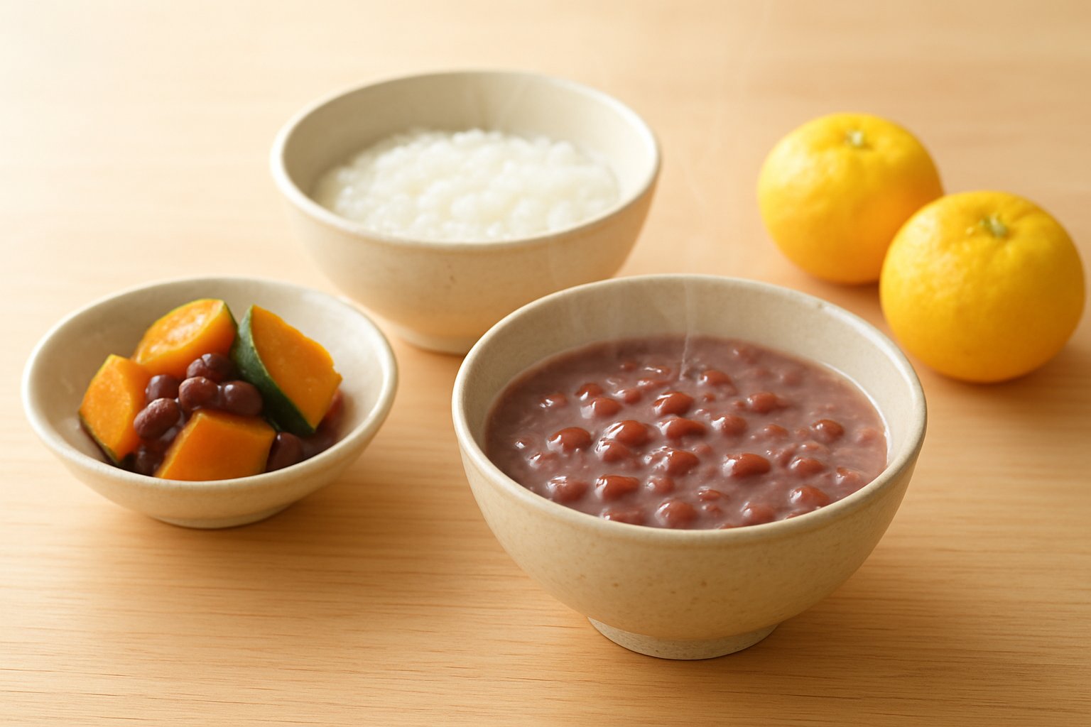 明るい木のテーブルに、かぼちゃと小豆のいとこ煮の小鉢、小豆粥の椀、黄色いゆずが2〜3個並んだ冬至の食卓。柔らかい自然光で、湯気が少し立っている