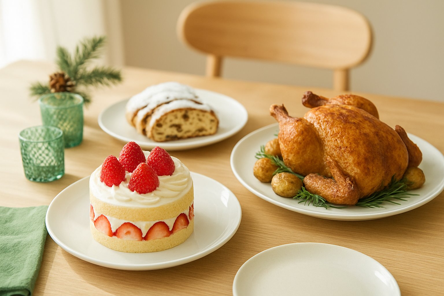 明るいダイニングテーブルに、いちごのショートケーキ、骨付きのローストチキン、粉砂糖をまぶしたシュトーレンの薄切りが並んだクリスマスの食卓。白い皿と緑の小物、柔らかい自然光