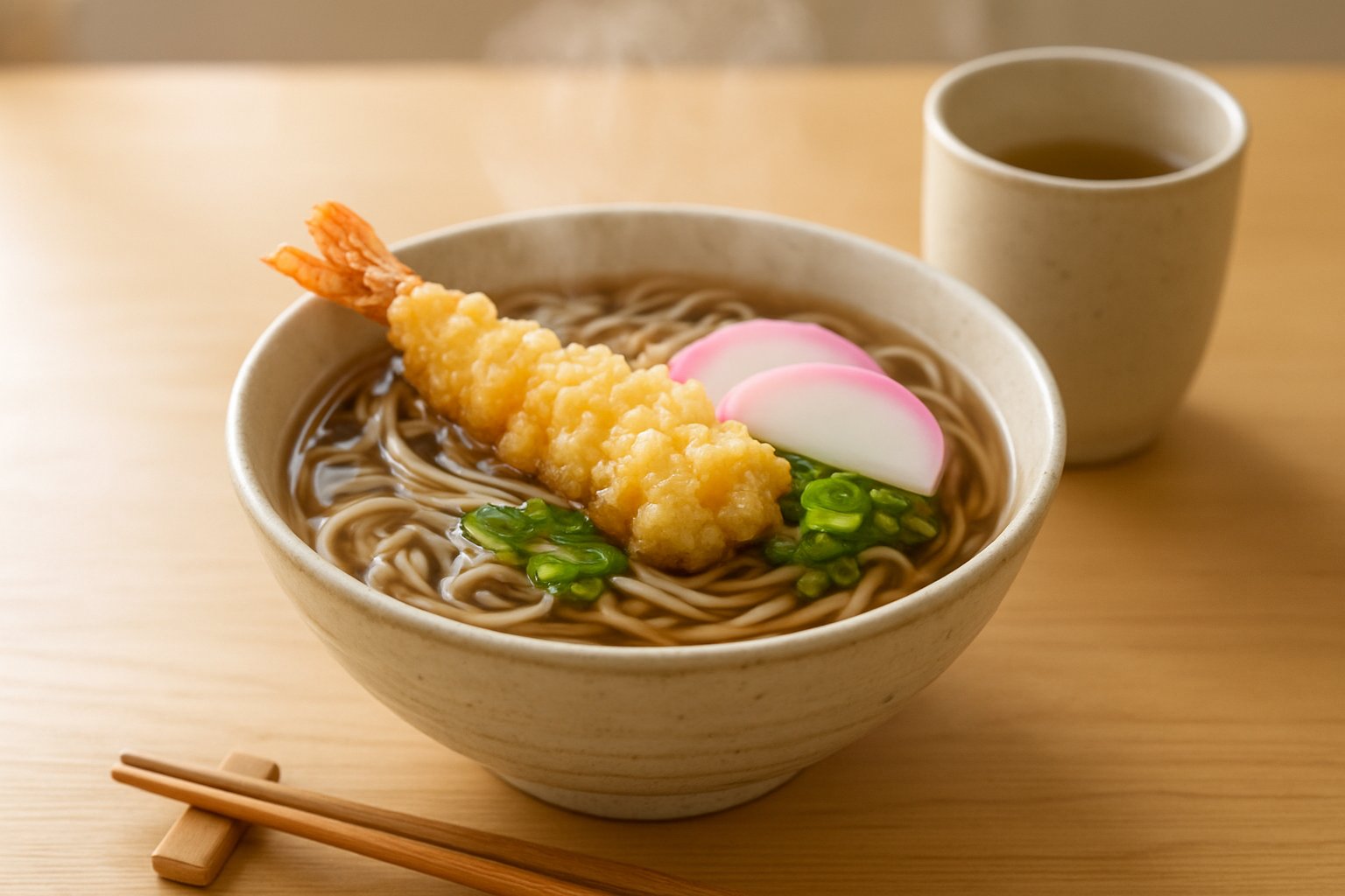 明るい和の食卓に、えびの天ぷらとねぎ、紅白のかまぼこをのせた温かい年越しそばの丼が置かれている様子。箸と湯のみ、柔らかい自然光で湯気が立っている