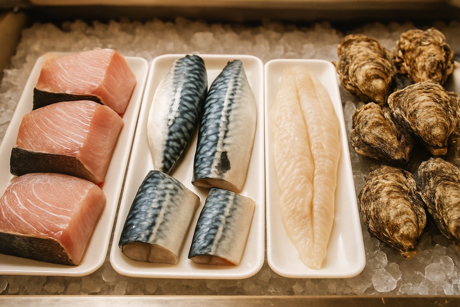 寒ブリの切り身・サバ・マダラの切り身・殻付き牡蠣が並ぶ年末の鮮魚売り場