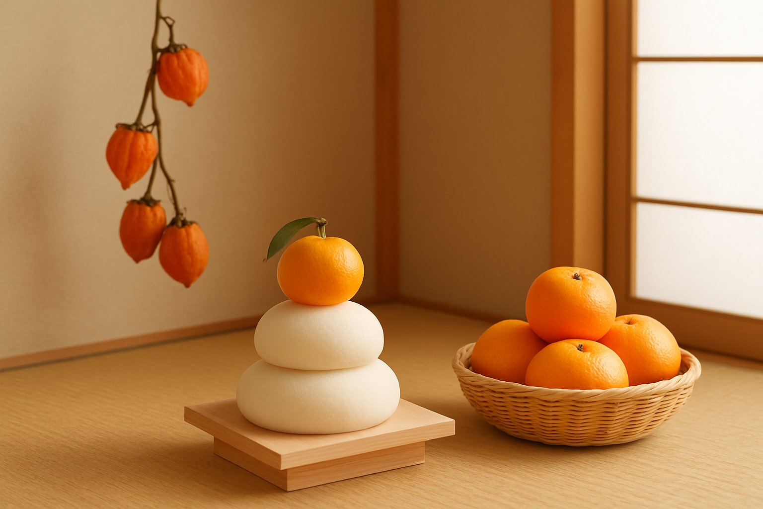 明るい和室の床の間に、白い鏡餅の上に橙をのせ、その横に串柿と、かごに入ったみかんを置いた年末の飾り付けの様子。柔らかい自然光