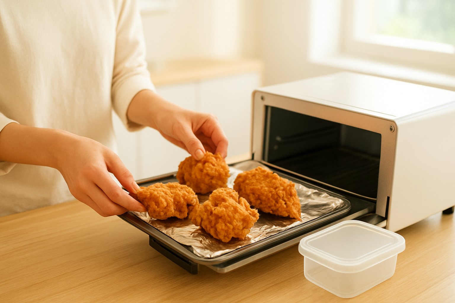 明るいキッチンで、オーブントースターのトレイにアルミホイルを敷き、大きめの唐揚げを数個並べている手元。横に小さな保存容器