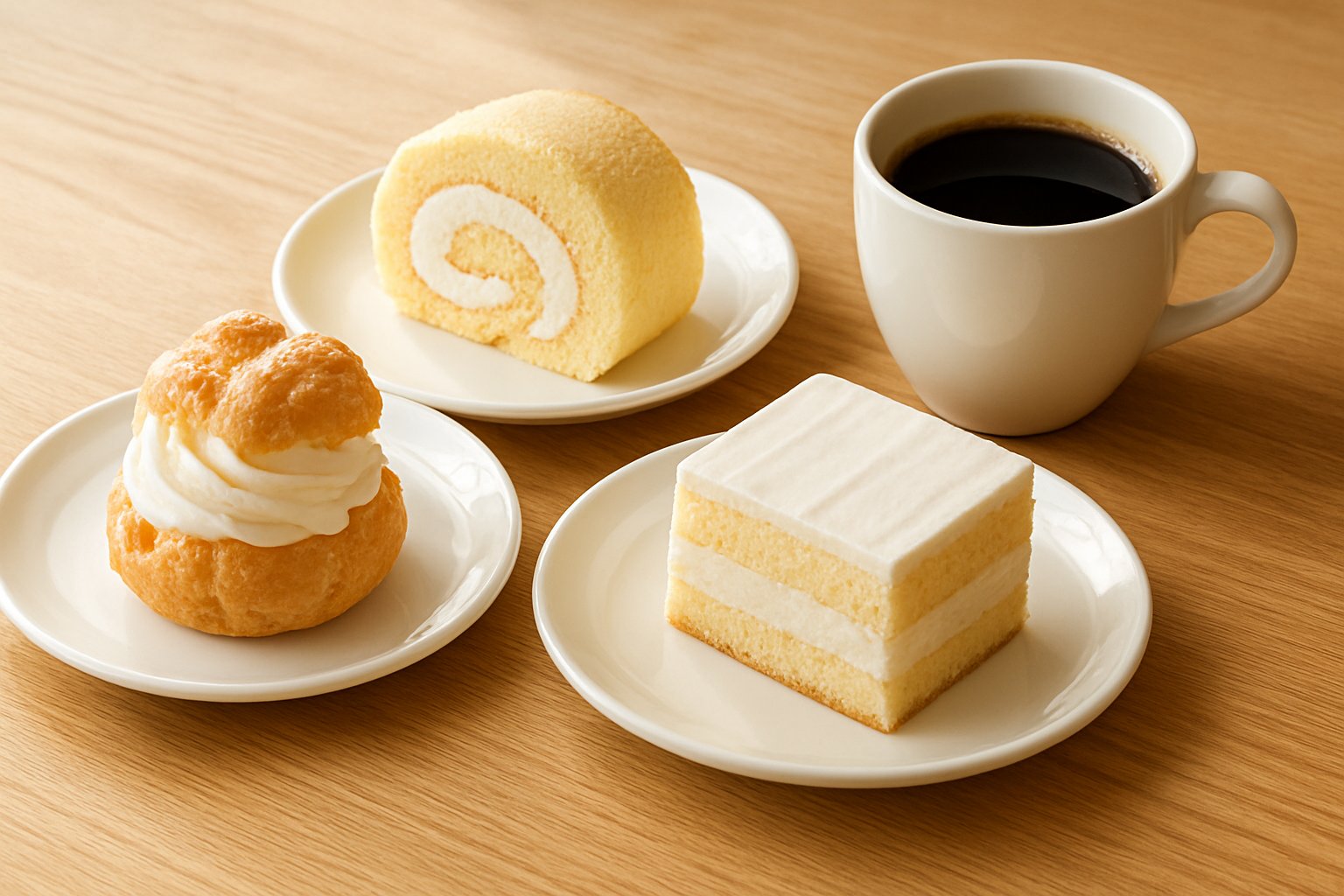明るい木のテーブルの上に、白いクリームがたっぷり入ったシュークリーム、ロールケーキのひと切れ、クリームを重ねた四角いケーキが並んでいる様子を斜め上から。横にコーヒーカップ