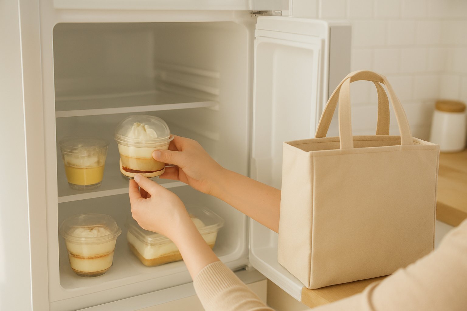 明るいキッチンで、開いた冷蔵庫の棚に、クリームのスイーツが入った透明なカップやケースを入れようとしている手元。横に保冷バッグ