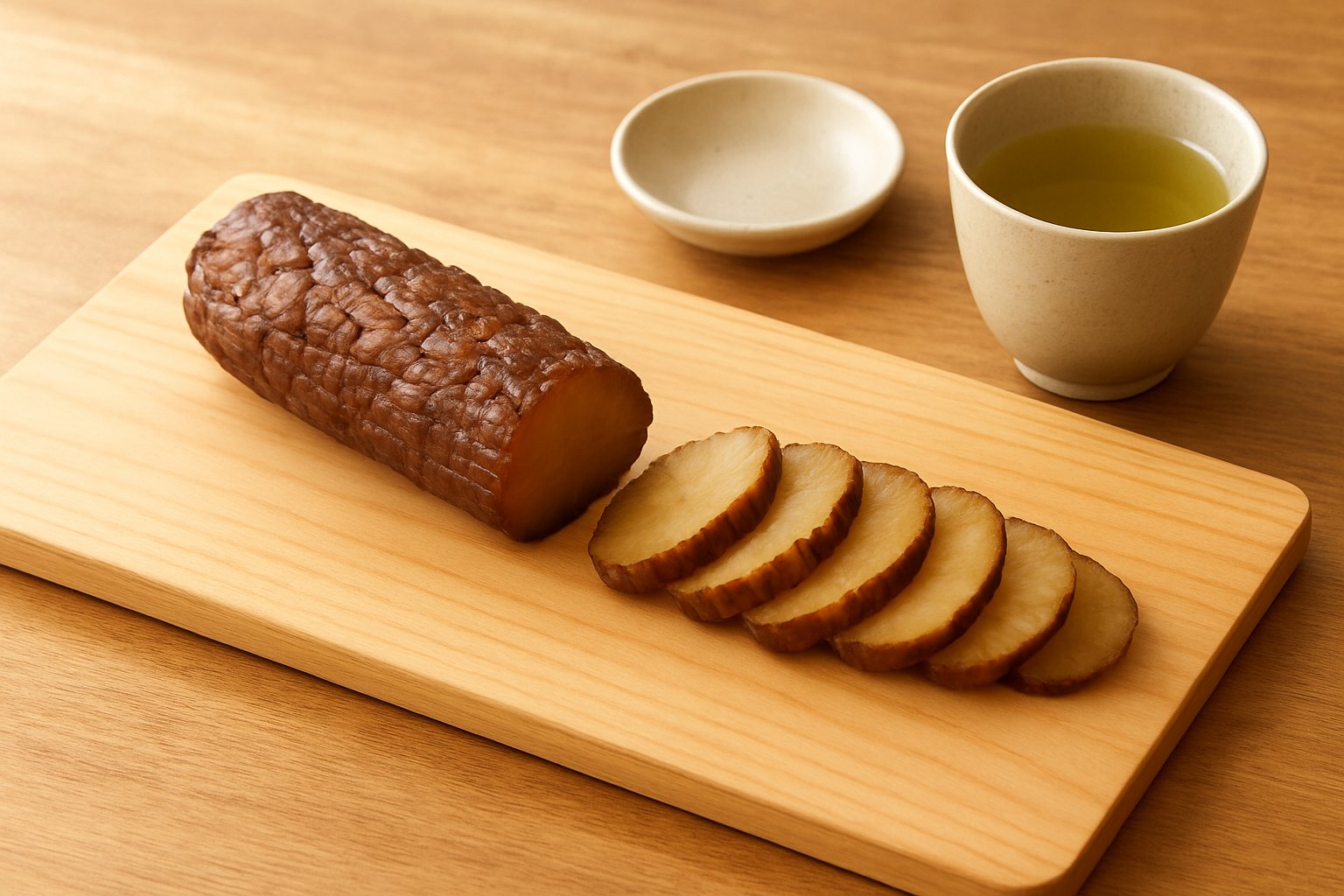 明るい木のまな板の上に、黄褐色で表面にしわのある燻した大根の漬物（いぶりがっこ）が1本と、薄く斜め切りにした数切れが並んでいる様子。横に小皿と緑茶の湯のみ
