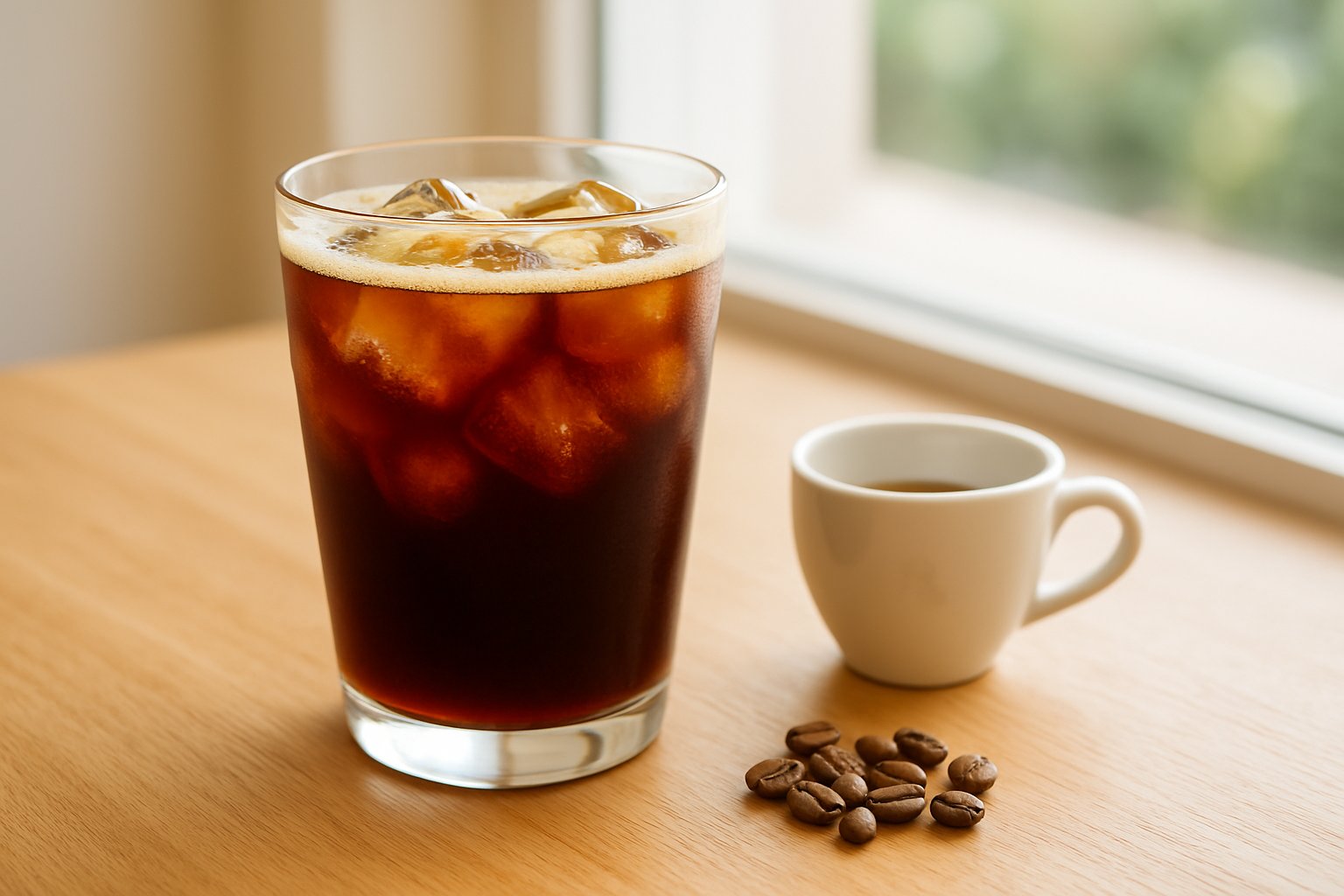 明るい木のテーブルに置かれた透明なグラスのアイスアメリカーノ。大きめの氷がたっぷり入り、濃い茶色のコーヒーの上部にうっすら泡の層。横に小さなデミタスカップとコーヒー豆が少し