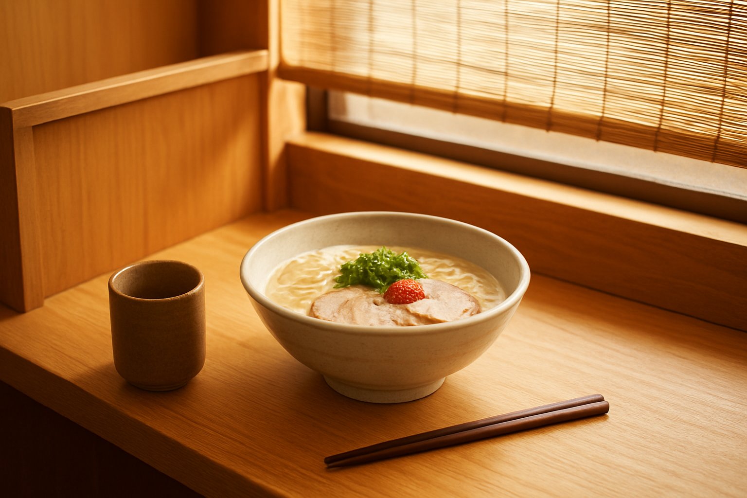 木目の仕切り板で区切られた1人用のラーメンカウンター席。正面にすだれが下がり、白濁したとんこつスープの細麺ラーメンが置かれ、中央に赤いたれ、上に刻みねぎとチャーシュー。手前に湯のみと箸