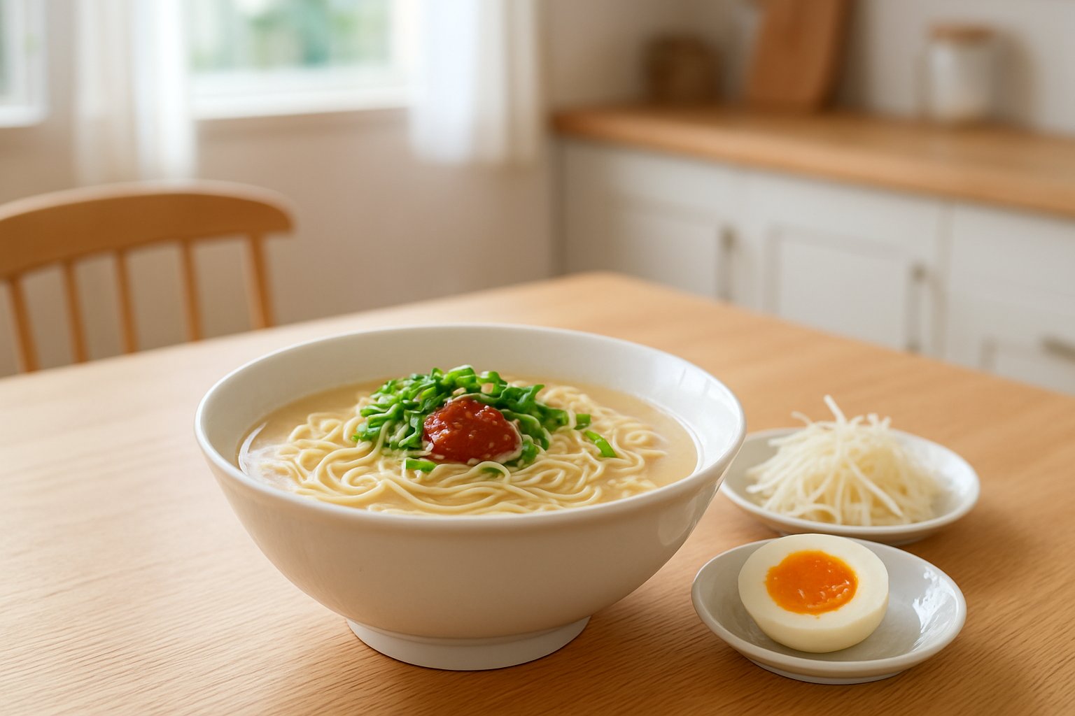明るい家庭のキッチンのダイニングテーブルに、白濁したとんこつスープの細麺ラーメンを盛った白い丼。上に小口切りの青ねぎ、中央に赤い唐辛子のたれ、横に小皿の白髪ねぎと半熟ゆで卵