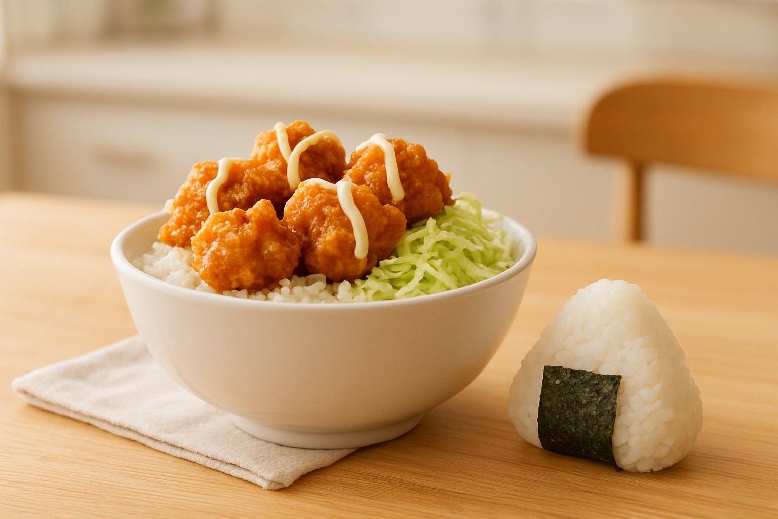 白い丼に盛ったごはんの上に、一口サイズのからあげと千切りキャベツがのり、マヨネーズが細くかかっている様子。横に小さなおにぎりが1つ