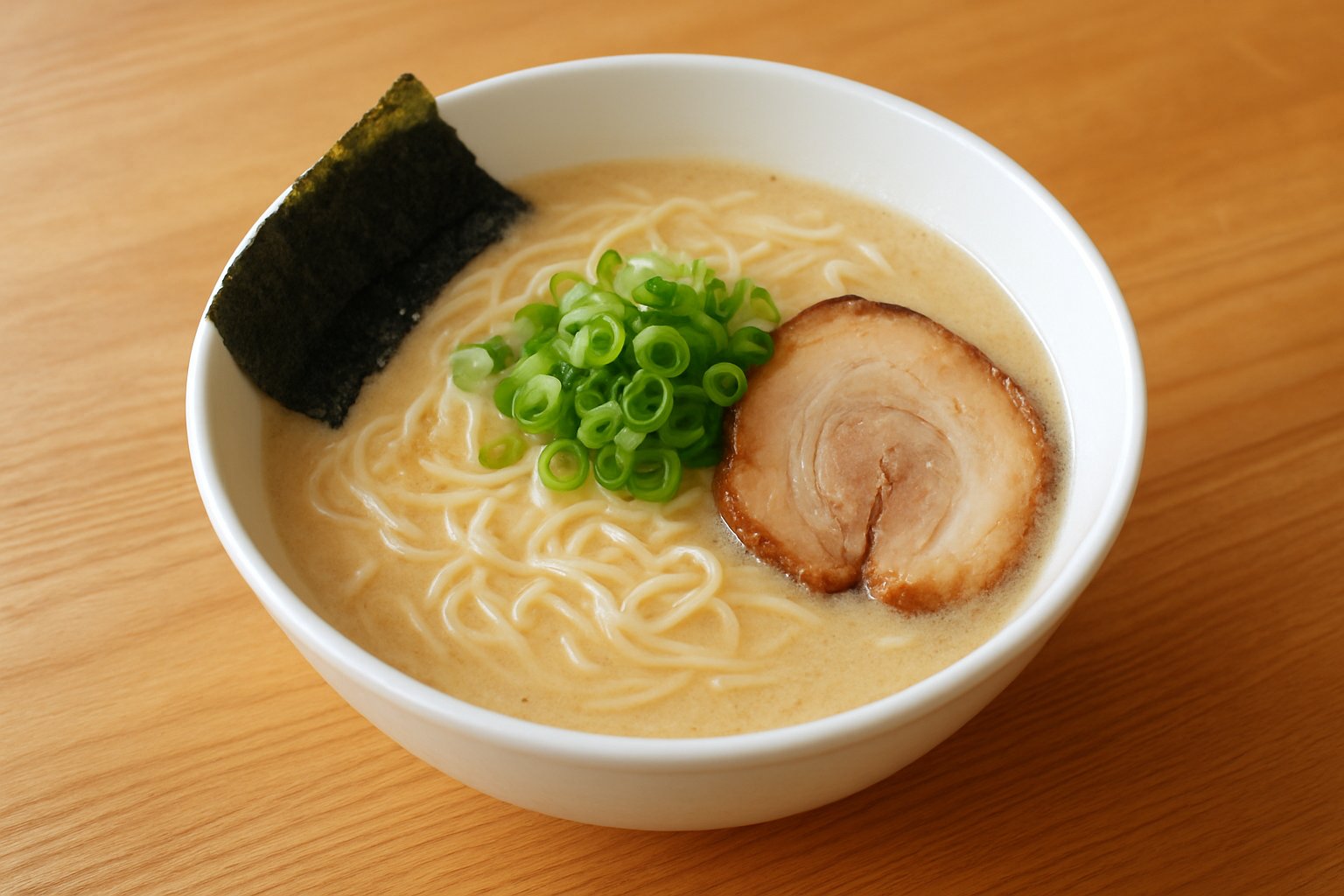 白濁した豚骨スープに中細ストレート麺、チャーシュー・青ねぎ・海苔をのせた久留米ラーメンの丼を、木のテーブルの上で斜め上から撮った様子（明るめのライフスタイル写真風）