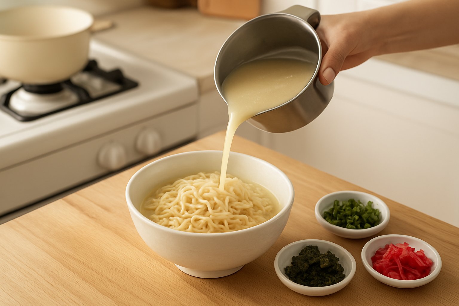 家庭のキッチンで、温めた丼に市販の豚骨スープを注ぎ、湯切りした細麺を入れているところ。そばに刻んだ青ねぎ・海苔・紅しょうがが小皿に並んでいる（明るめのライフスタイル写真風）