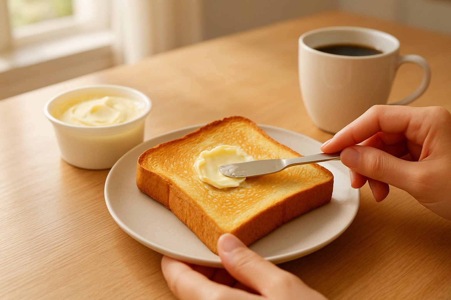 明るい朝のキッチンのテーブルで、こんがり焼けた食パンにバターナイフでマーガリンを薄く塗っている手元。横に白いカップ入りのマーガリンとコーヒーカップ