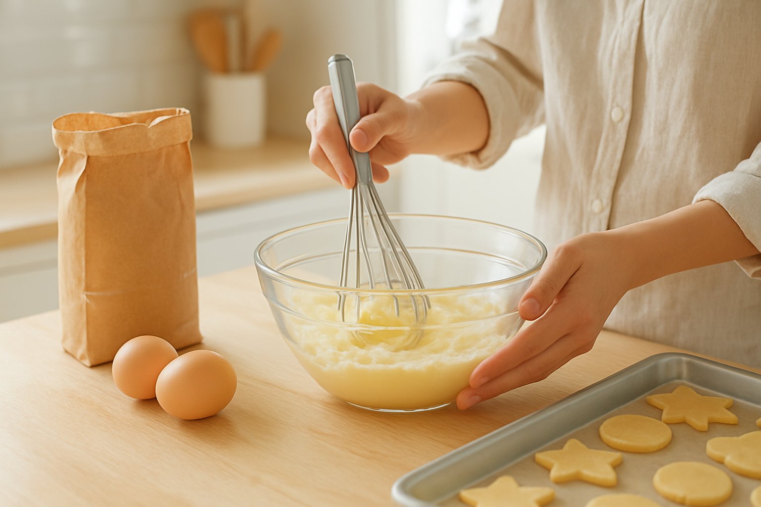 明るいキッチンの作業台で、ガラスのボウルに入ったやわらかい薄黄色の油脂と砂糖を泡立て器ですり混ぜている様子。横に小麦粉の袋、卵、型抜きしたクッキー生地が並ぶ天板