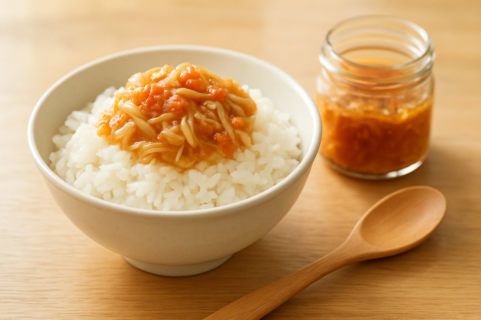 明るい朝の食卓で、白いご飯を盛った茶碗の上に、明太子の粒が混ざったとろみのあるなめ茸がのっている様子。横に小さなガラス瓶と木のスプーン