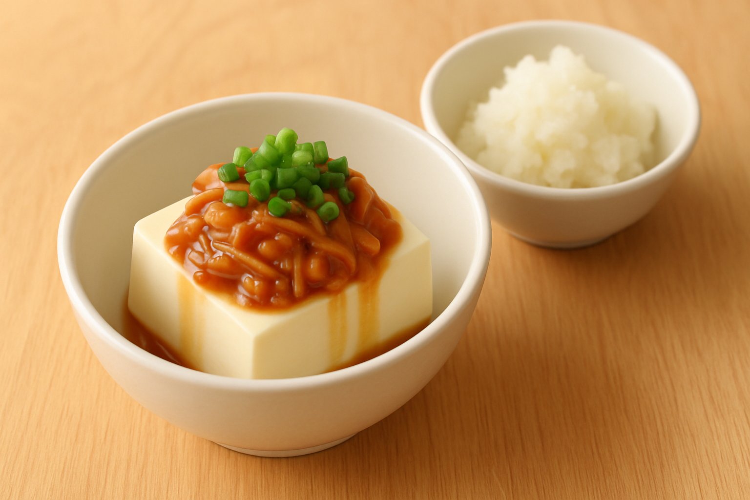 明るい木のテーブルに、白い器の冷奴にとろみのある明太子入りのなめ茸と刻んだ小ねぎをのせた小鉢と、大根おろしを添えた小鉢が並んでいる様子。斜め上からの構図