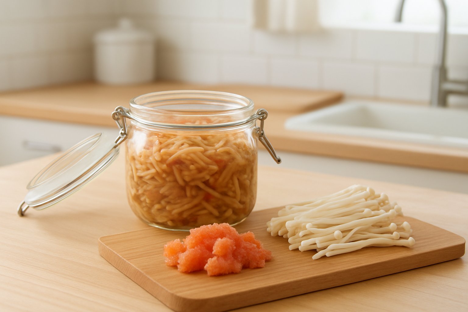 明るいキッチンの作業台に、ふたを開けた小さなガラスの保存瓶に入った明太子入りのなめ茸と、まな板の上のほぐした明太子、切ったえのきが並んでいる様子