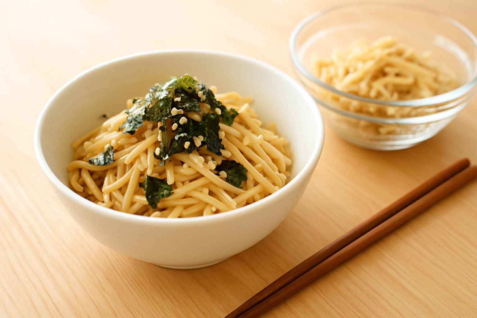 明るいキッチンの木のテーブルに、白い器に盛ったごま油で和えたえのきの副菜。ちぎった焼きのりと白ごまがかかり、横に耐熱ガラスのボウルと箸