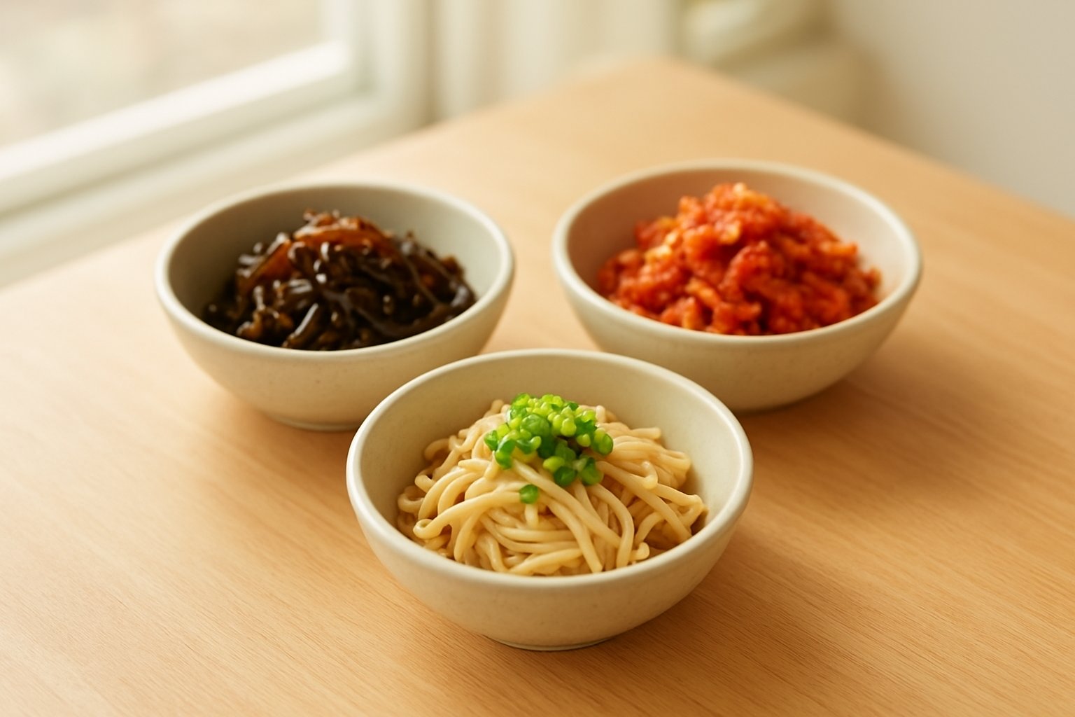 明るい窓辺のテーブルに小鉢が3つ並び、塩昆布和え・赤いピリ辛味・梅と小ねぎをのせたえのきの副菜がそれぞれ入っている様子。上から斜めに撮った構図