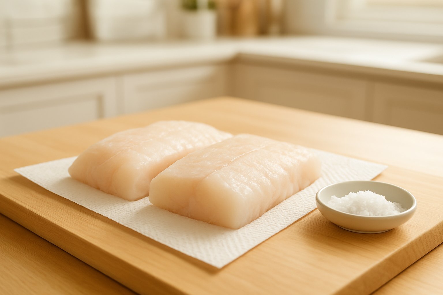 明るいキッチンのまな板の上に、白くて厚みのある骨なし白身魚の切り身が2切れ並び、キッチンペーパーで水気を押さえている様子。横に塩の小皿