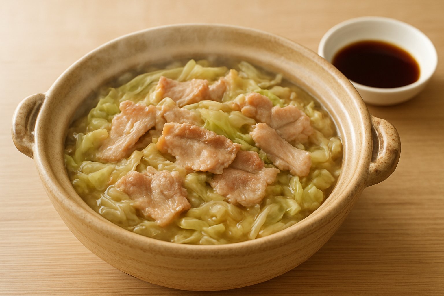 土鍋の中でしんなりした千切りキャベツと豚バラ肉が煮えている様子。湯気が立ち、取り皿にポン酢が添えてある（明るめのライフスタイル写真風）