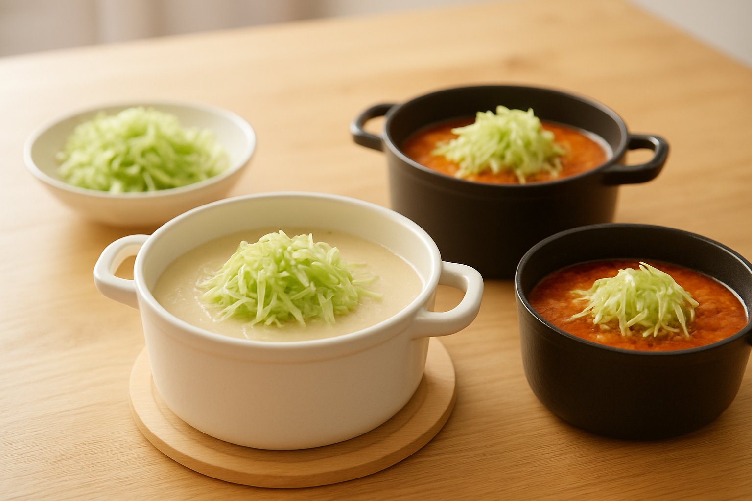 テーブルに並んだ2〜3種類の小鍋（白っぽいごま豆乳スープ、赤いキムチスープなど）に千切りキャベツがのっている様子（明るめのライフスタイル写真風）