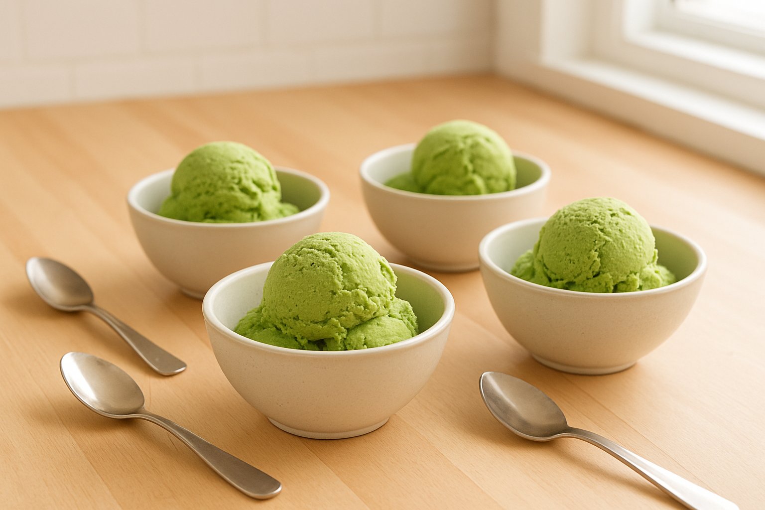明るいキッチンカウンターに並んだ、緑色の抹茶アイスが入ったカップ数個とスプーン